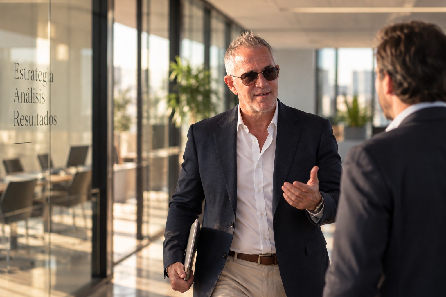 Sergio Carnevali conversando con un colega en la oficina